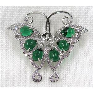 copper brooch paved zircon, platinum plated, butterfly, green jade, approx 40-50mm
