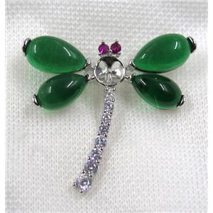 copper dragonfly brooch paved zircon with green jade, platinum plated, approx 50x50mm