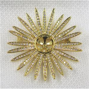 copper sunflower brooch paved zircon, gold plated, approx 40mm dia