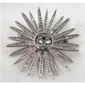 copper sunflower brooch paved zircon, platinum plated, approx 40mm dia