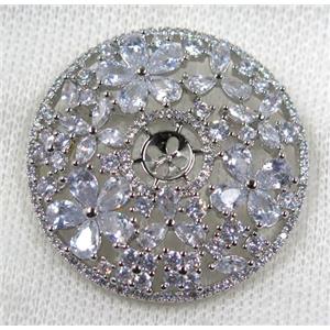 copper circle brooch paved zircon, platinum plated, approx 40mm dia
