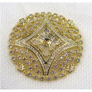 copper brooch paved zircon, gold plated, approx 40mm dia