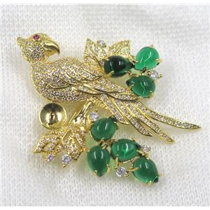 copper brooch paved zircon, gold plated, bird, approx 40-50mm