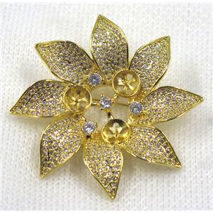 copper flower brooch paved zircon, gold plated, approx 48mm dia