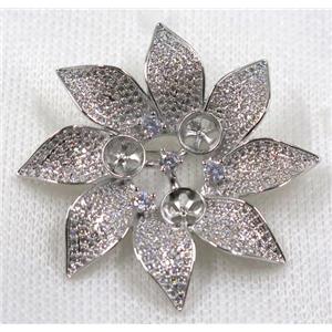 copper flower brooch paved zircon, platinum gold, approx 48mm dia