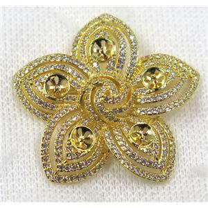 copper flower brooch paved zircon, gold plated, approx 42mm dia