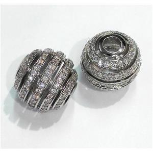 paved zircon copper bead, round, platinum plated, approx 14mm dia