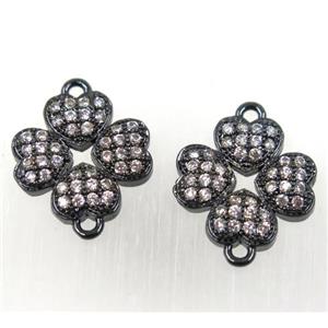 copper clover connector paved zircon, black plated, approx 12-14mm