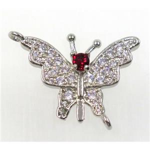 copper butterfly connector paved zircon, platinum plated, approx 15-20mm