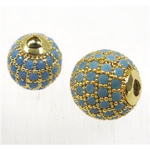 round copper beads pave zircon, turq, gold plated, approx 10mm dia