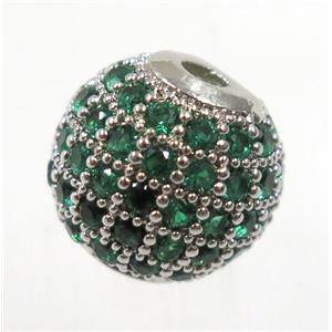 round copper beads pave green zircon, platinum plated, approx 10mm dia