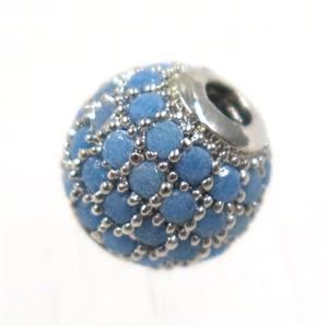 round copper beads pave zircon, platinum plated, turq, approx 8mm dia