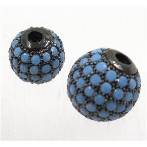 round copper beads pave zircon, black plated, turq, approx 8mm dia