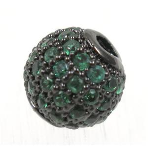 round copper beads pave green zircon, black plated, approx 6mm dia