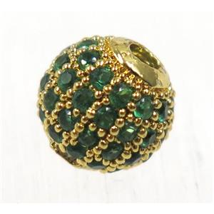 round copper beads pave zircon, gold plated, approx 10mm dia