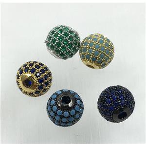 round copper beads pave zircon, mix color, approx 10mm dia