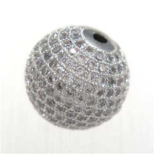 round copper beads pave zircon, platinum plated, approx 16mm dia