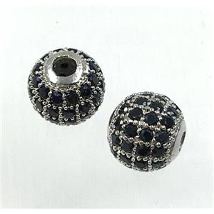 round copper beads pave black zircon, platinum plated, approx 10mm dia