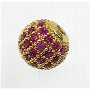 round copper beads pave pink zircon, gold plated, approx 8mm dia