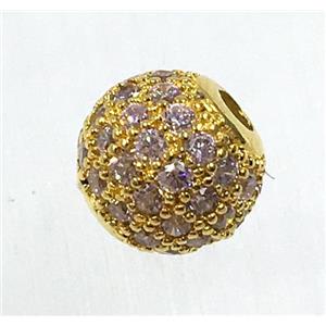 round copper beads pave zircon, gold plated, approx 6mm dia