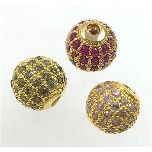 round copper beads pave zircon, gold plated, mix, approx 10mm dia