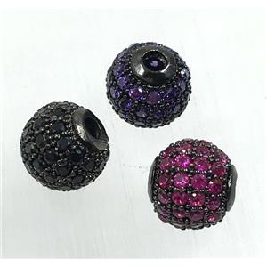 round copper beads pave zircon, black plated, mix color, approx 8mm dia