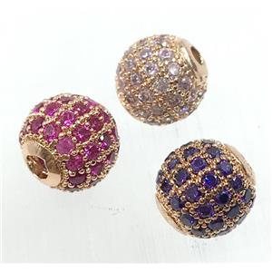 round copper beads pave zircon, gold plated, mix, approx 8mm dia