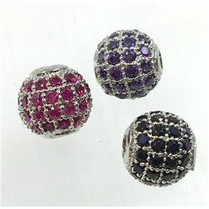 round copper beads pave zircon, platinum plated, mix, approx 10mm dia