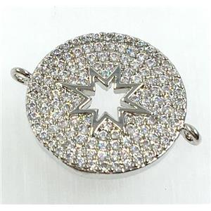 copper button connector pave zircon, north star, platinum plated, approx 18mm dia