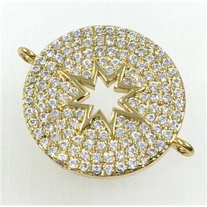copper button connector pave zircon, north star, gold plated, approx 18mm dia