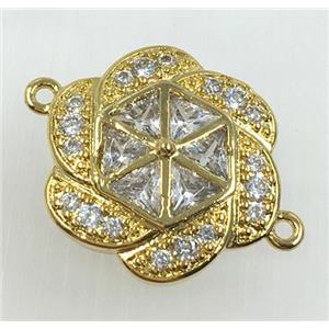copper flower connector pave zircon, gold plated, approx 18-20mm
