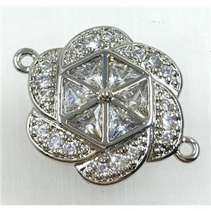 copper flower connector pave zircon, platinum plated, approx 18-20mm