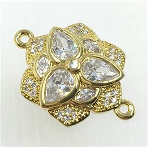 copper flower connector pave zircon, gold plated, approx 16-18mm