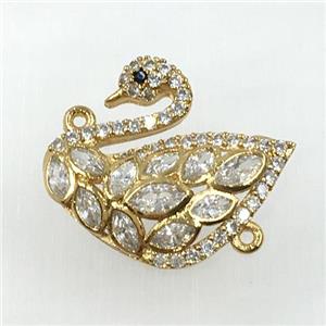 copper swan connector pave zircon, gold plated, approx 20-22mm