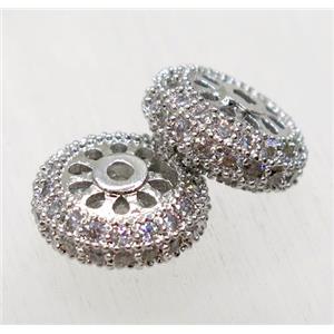 copper rondelle beads paved zircon, platinum plated, approx 12mm dia