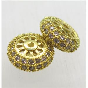 copper rondelle beads paved zircon, gold plated, approx 12mm dia