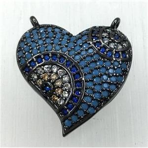 copper heart pendant paved zircon with 2loops, black plated, approx 18-22mm