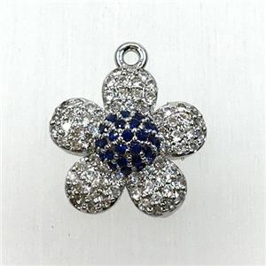 copper flower pendant paved zircon, platinum plated, approx 14mm dia
