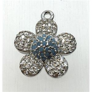 copper flower pendant paved zircon, platinum plated, approx 14mm dia