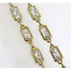 copper chain paved zircon, rectangle, gold plated, approx 6x10mm