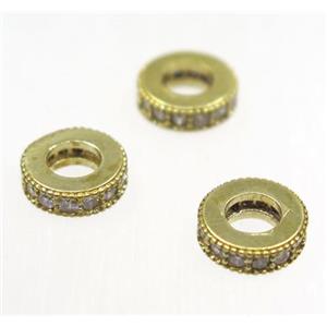 raw Brass rondelle beads paved zircon, approx 8.5mm dia, 4mm hole