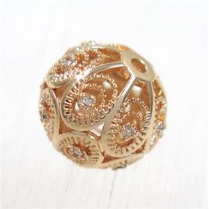 round copper beads pave zircon, rose gold, approx 12mm dia