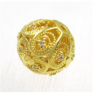 round copper beads pave zircon, gold plated, approx 8mm dia