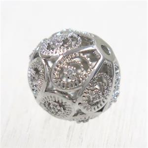round copper beads pave zircon, platinum plated, approx 8mm dia