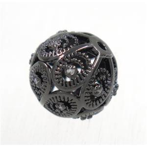 round copper beads pave zircon, black plated, approx 12mm dia