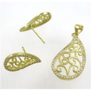 Raw Brass pendant and earring studs paved zircon, approx 15x28mm, 10x18mm