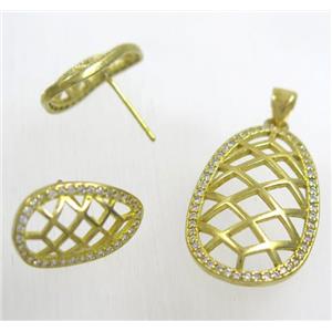 Raw Brass pendant and earring studs paved zircon, approx 16x26mm, 11x18mm