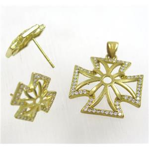 Raw Brass pendant and earring studs paved zircon, approx 20x20mm, 14x14mm