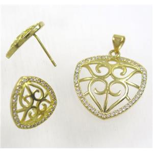 Raw Brass pendant and earring studs paved zircon, approx 21mm, 14mm