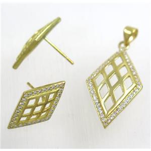 Raw Brass pendant and earring studs paved zircon, approx 15x28mm, 11x20mm